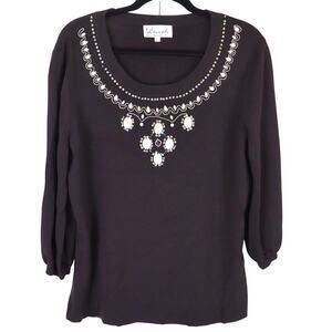 Vintage 90s Y2K Vincente Brown Sweater Beaded Sequin Rhinestone Large Pearl Bib